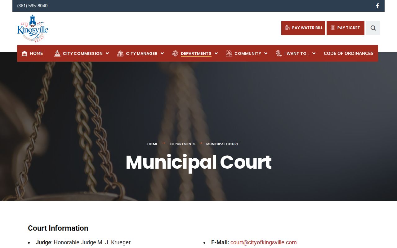 Official Kingsville Municipal Court page with court contact information